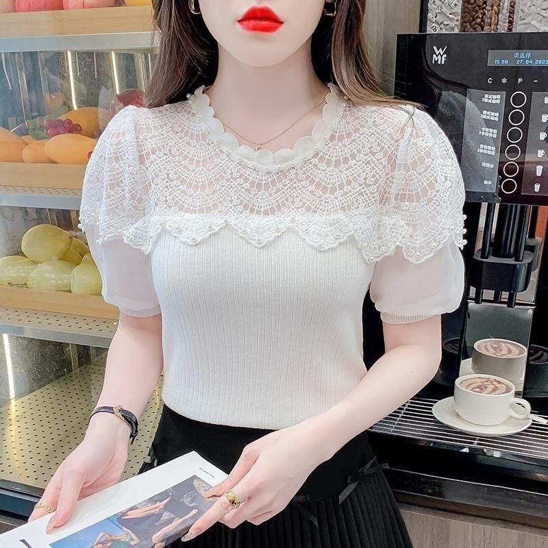 Designer Pearl Embellished Lace Spliced Chiffon Blouse For Summer Casual Wear