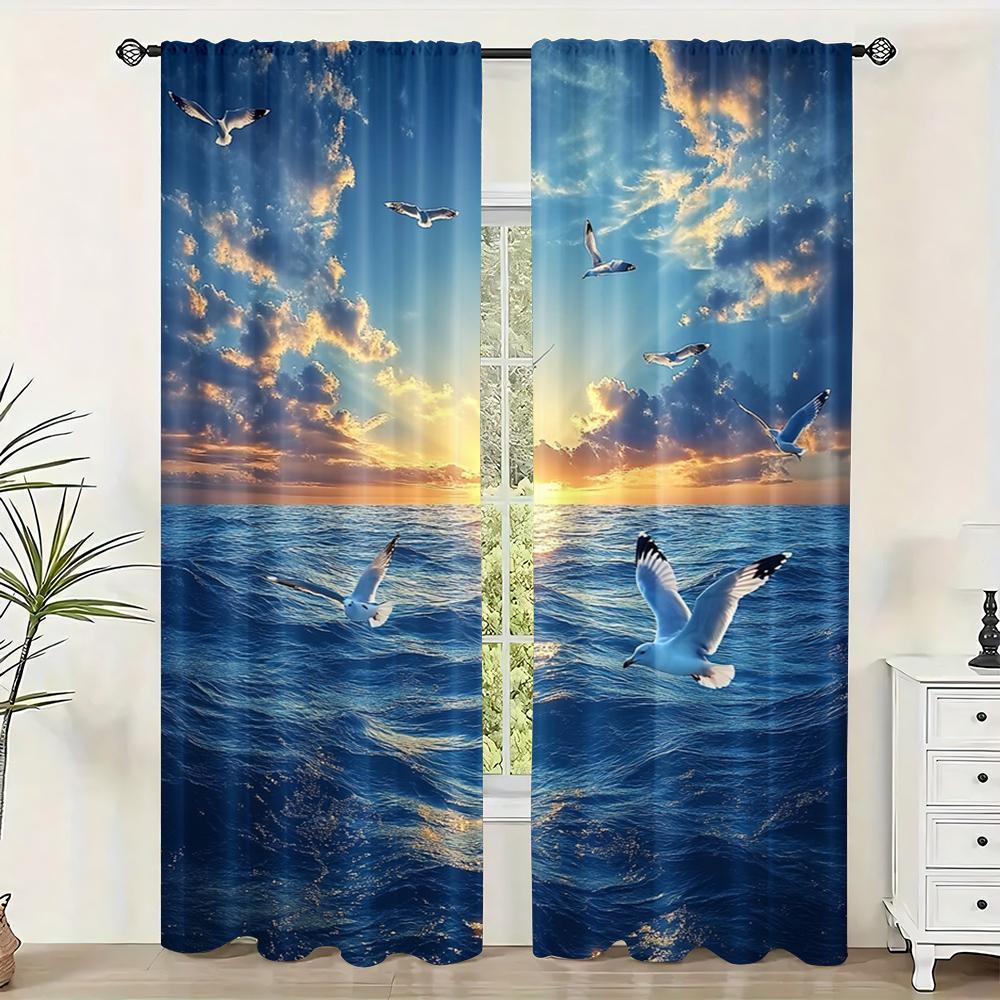 

2 шт., Шторы для окон Океан и чайки 100% полиэстер, Без электричества Украшения для вечеринки Использование для праздника 29x65in(75x166cm)