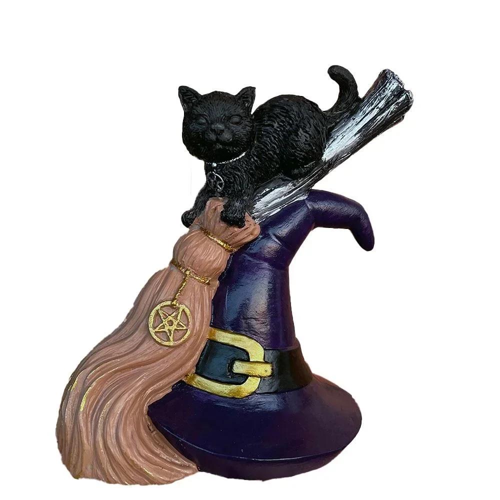 Cute Black Cat Ornament Broom Resin Crafts Figurine Table Art Gift Mini Gothic Home Decor Statues Halloween Desktop Decoration