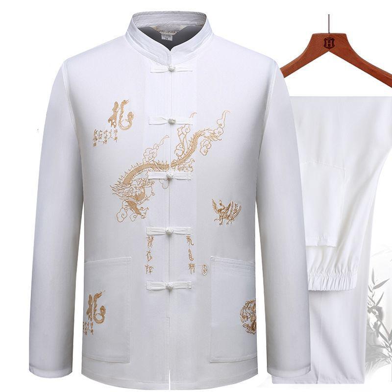 

Китайская традиционная одежда Тан, костюм кунг-фу, модная повседневная вышитая футболка, брюки, Вин-Чунь, тай-чи, удобный мужской комплект 3XL белый