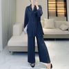 Women's High-End Pleated Pinstripe Wide-Leg Pants Set - Spring/Autumn Plus Size Slimming Suit