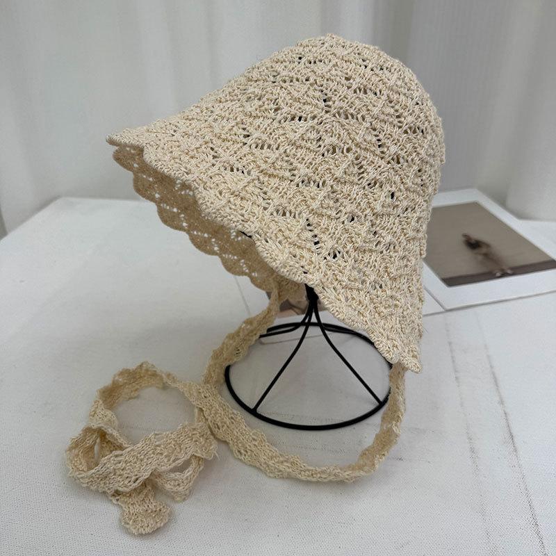 Korean Version Spring And Summer Japanese Hollow Knitted Fisherman'S Hat Children Show Small Face Straps Sunshade Sunscreen Basin Hat