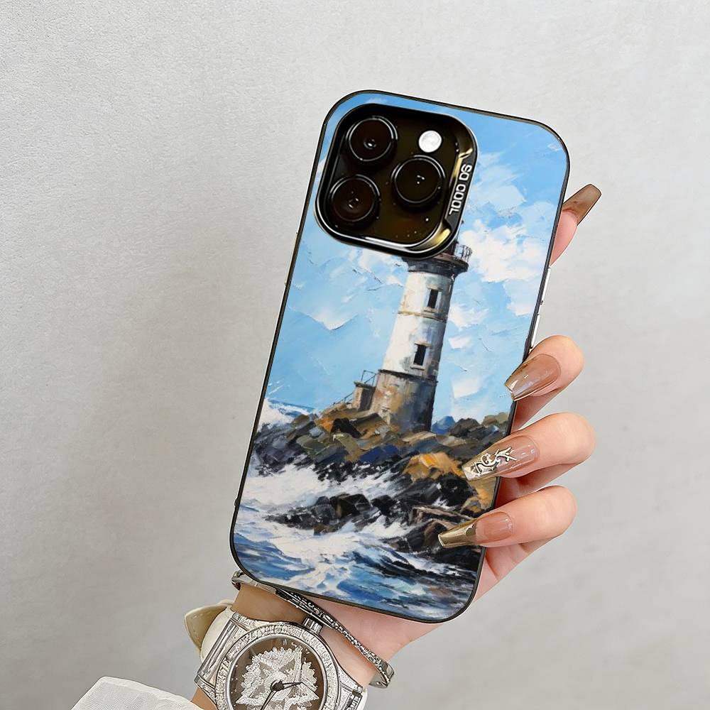 Ölmalerei Kunst Leuchtturm Handyhülle Für iPhone 17,16,15,14,13,12,11 Plus,Pro Max,XS,Bunte Silberne Handyhülle Funda Cover