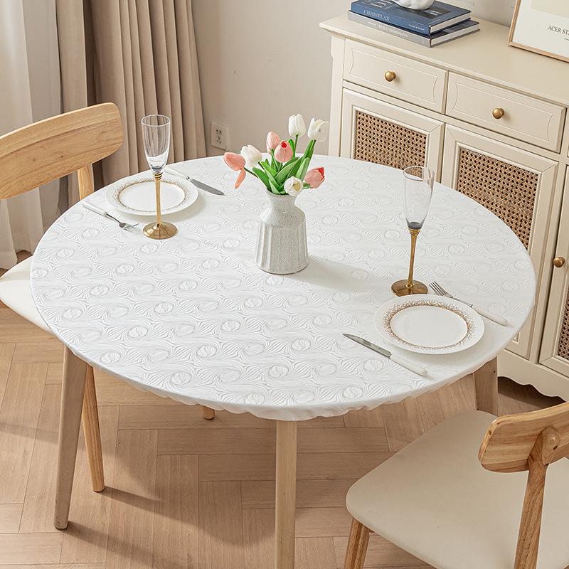 Non-Slip Waterproof Round Table Cover: Elastic, Oilproof, Anti-Scalding, Wash-Free Tablecloth for Dining Tables.