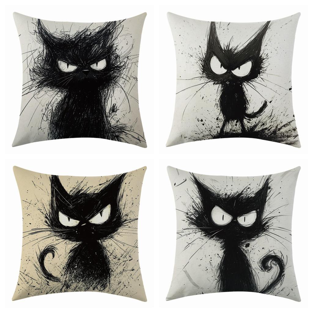 New Quirky Cat Linen Pillowcase, Simple Four-piece Set with Labels