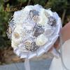 Wedding Bouquet for Bride Satin Artificial Flower Bridal Bouquet with Rhinestones Faux Pearls Bridesmaid Flower Bunch with Handle for Wedding