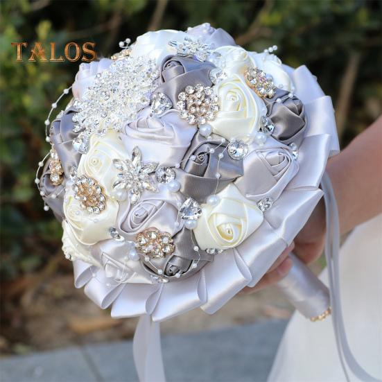 Wedding Bouquet for Bride Satin Artificial Flower Bridal Bouquet with Rhinestones Faux Pearls Bridesmaid Flower Bunch with Handle for Wedding