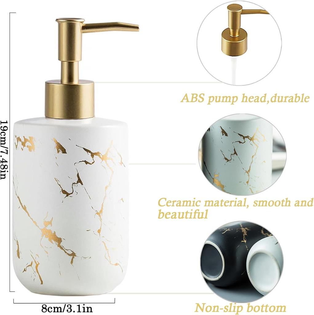 White and Gold Ceramic Soap Dispenser Luxury 300ml 10oz Hand Soap Bottle with Plastic Pump for Bathroom and Kitchen