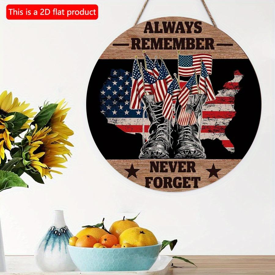 2D Flat 20*20cm1pc Always Remember Never Forget 4th of July Warrior Shoes and Flag Pattern Wooden Hanging Door Decor, USA Independence Day Patriotic