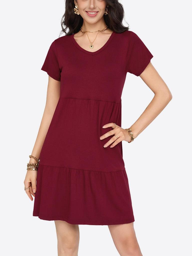 Womens V Neck Tiered Dress Short Sleeve Loose Casual Knee Length Dress