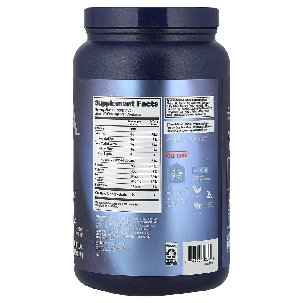 Vega Plant-Based Performance Protein + Creatine, Creamy Vanilla, 960g (2lb 1.9oz)