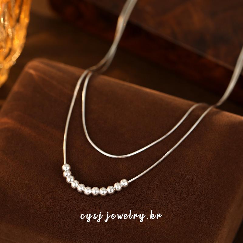 Cui Yan S925 Sterling Silver Double Layer Bead Necklace for Women - Minimalist Korean Style Clavicle Chain