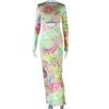 European and American Style Round Neck Tight Long Dress with Printed Long Sleeves and Hip Hugging Skirt