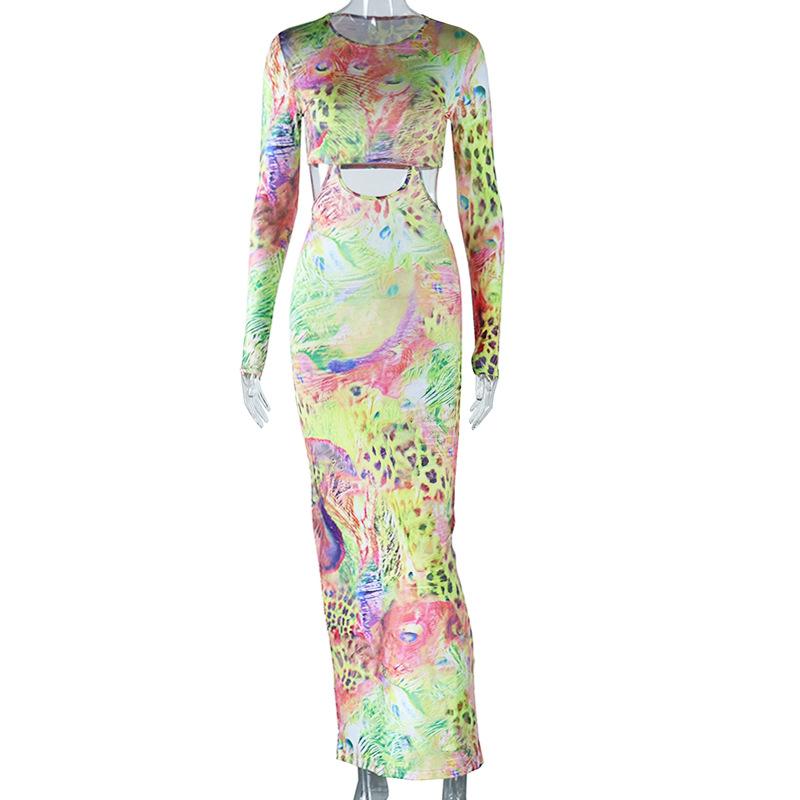 European and American Style Round Neck Tight Long Dress with Printed Long Sleeves and Hip Hugging Skirt