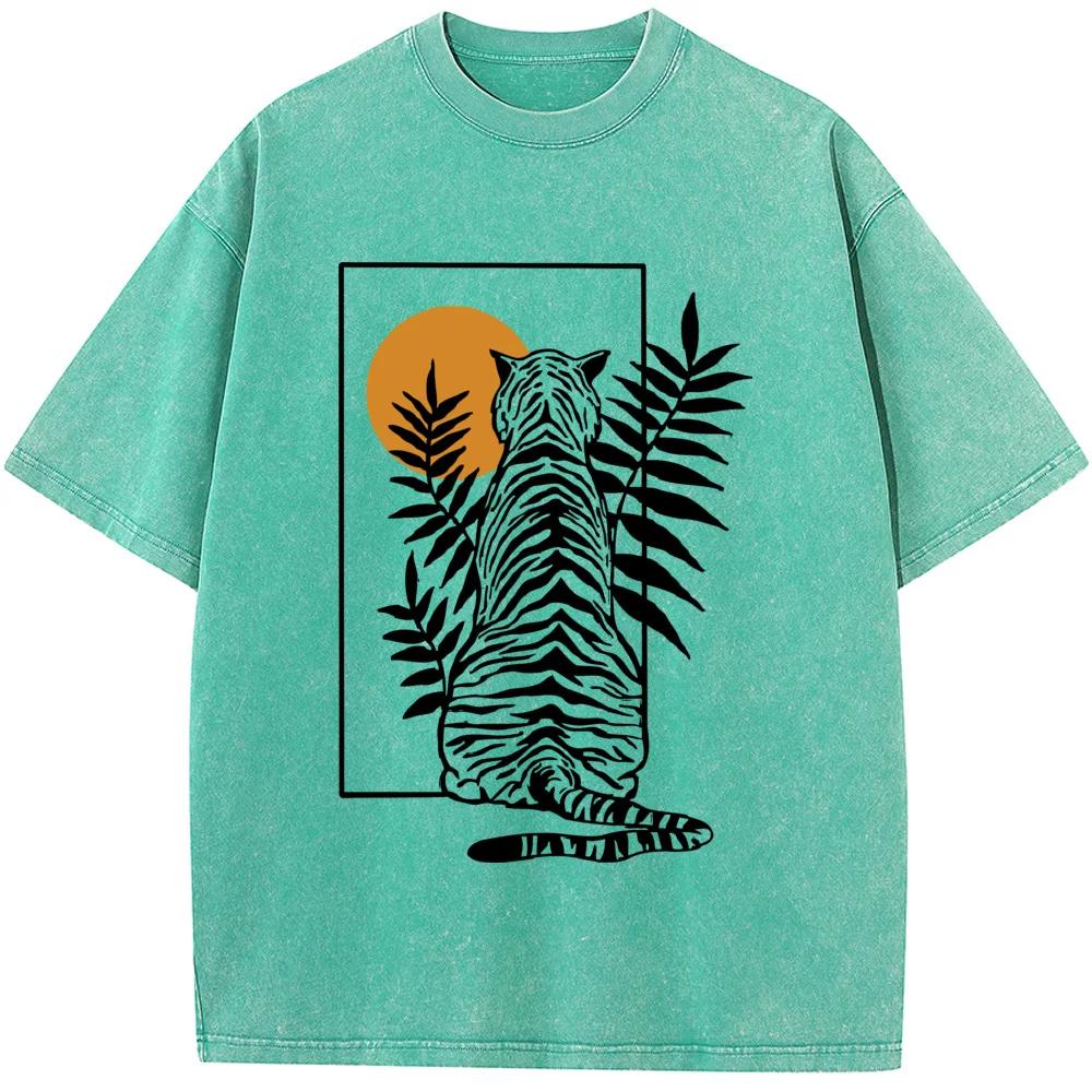 Men's Geometric Tiger Short-Sleeved Shirt  High-Quality Washed Old Tshirt Vintage Colored Mens T-shirts