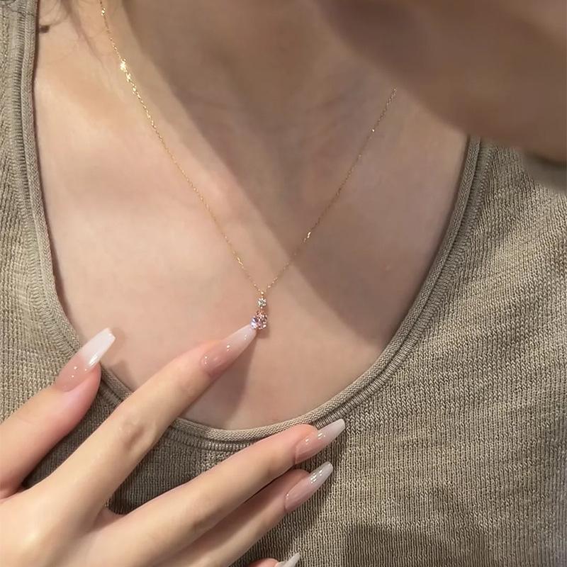 Minimalist Korean Sweet Pink Water Drop Necklace Minimally Exquisite Sparkling Clavicular Chain for Women