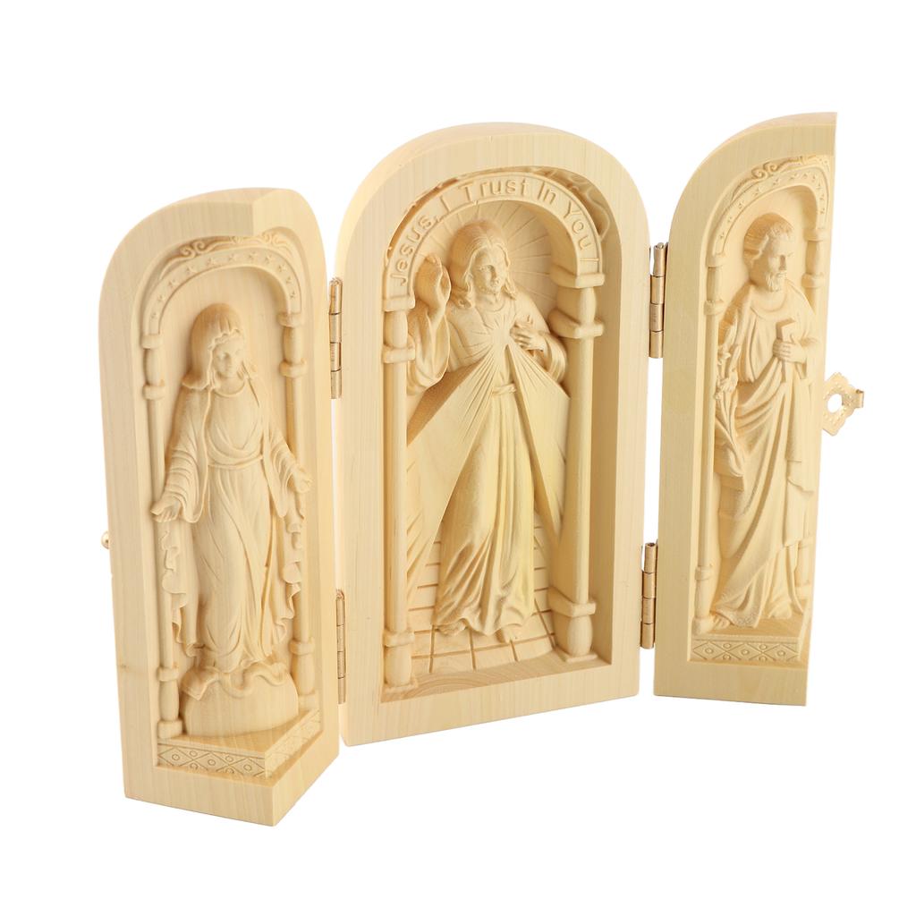 Openable Wooden Box Sculpture Handcrafted Boxwood Triptych Box Figurine Sculpture Home Ornament