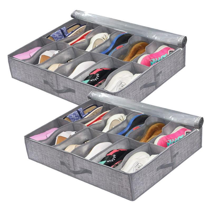 Underbed Shoe Organizer with Handles and Clear Window, for Foldable Shoes