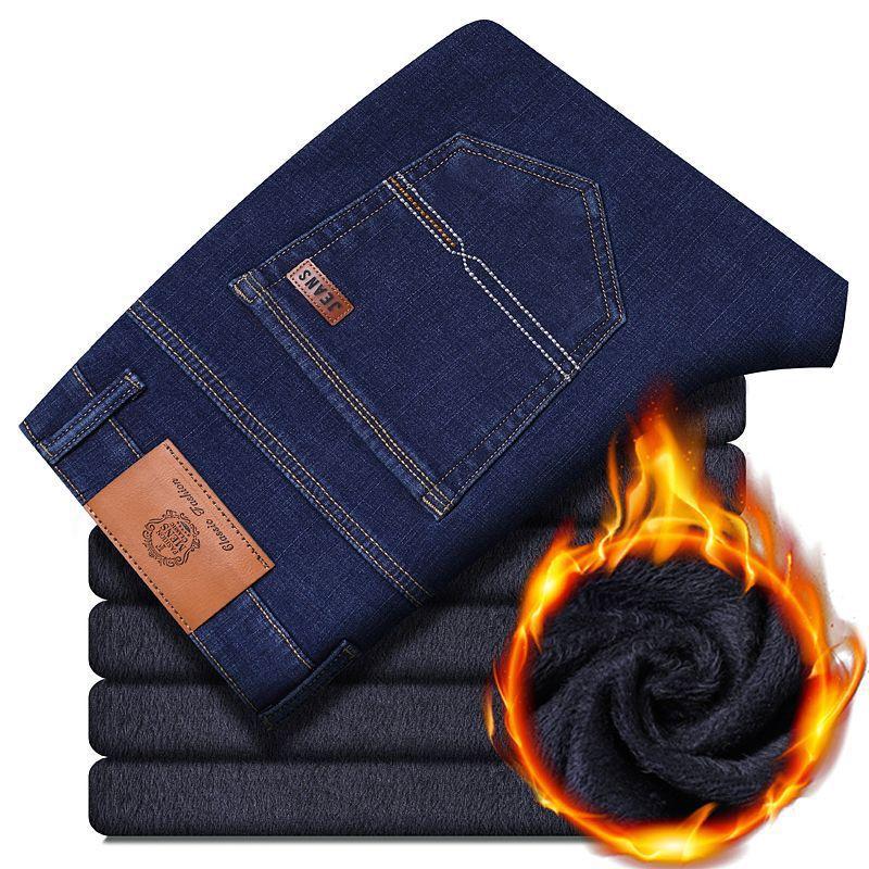 Premium Light Luxury Classic Fleece-Lined Denim Trousers for Men Autumn/Winter Stretch Business Casual Middle-Aged Warm Thick Straight-Leg Trousers