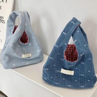 Bow Denim Embroidered Canvas Bag New Large Capacity Commuter Student Class Shoulder