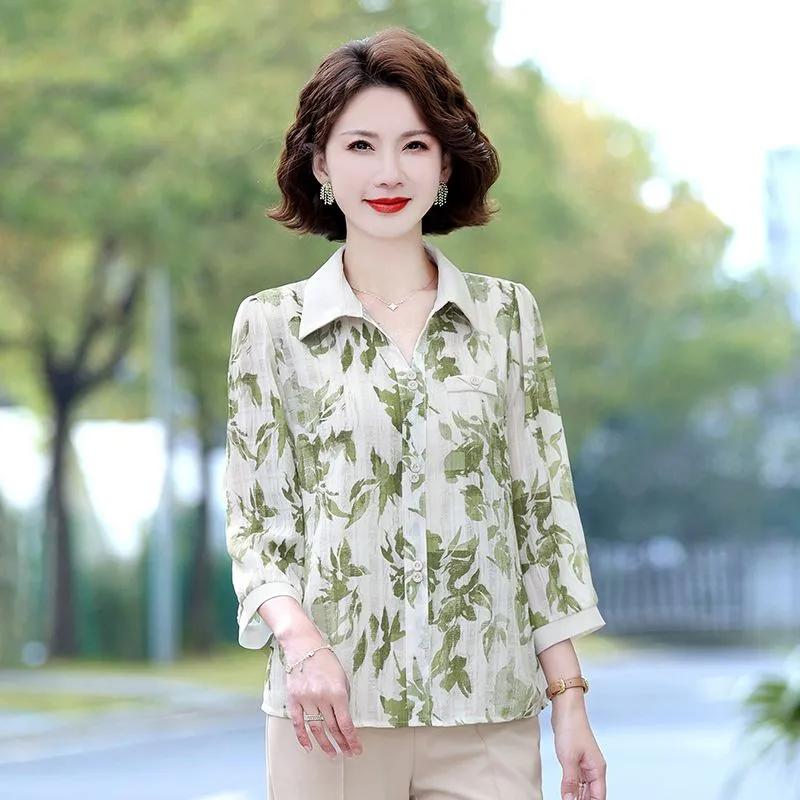 Floral Print Contrast Collar 3/4 Sleeve Button Down Blouse Casual Chiffon Top