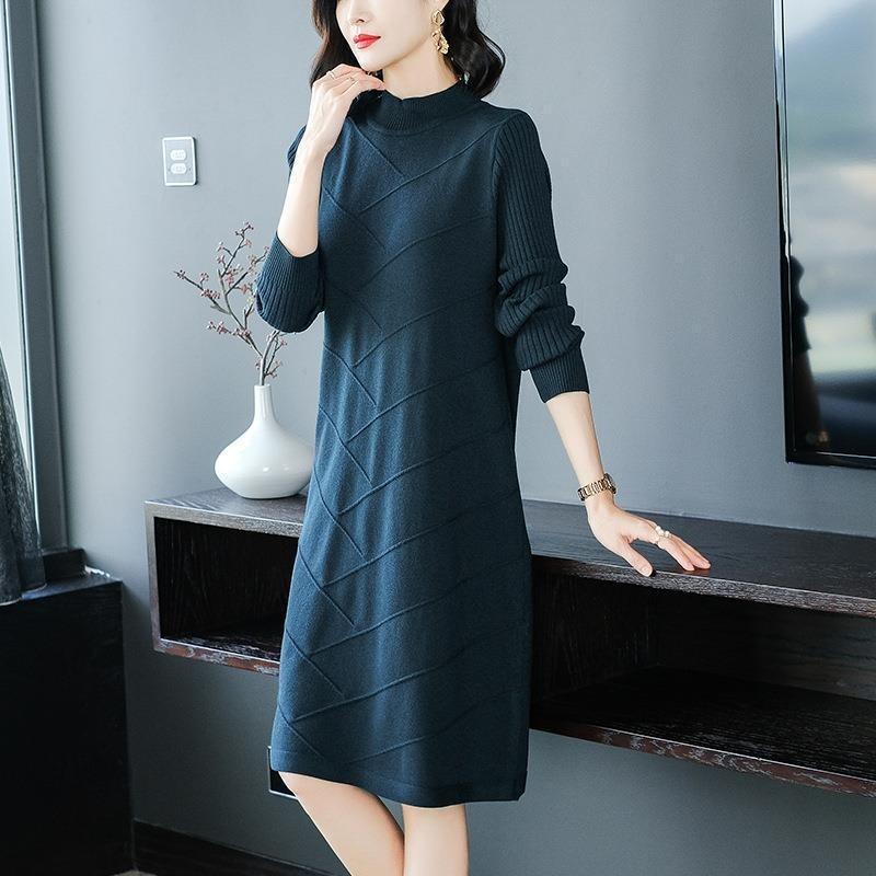 Autumn and winter base dress women's large size new mother thin temperament with coat inside with knitted long-sleeved sweater skirt