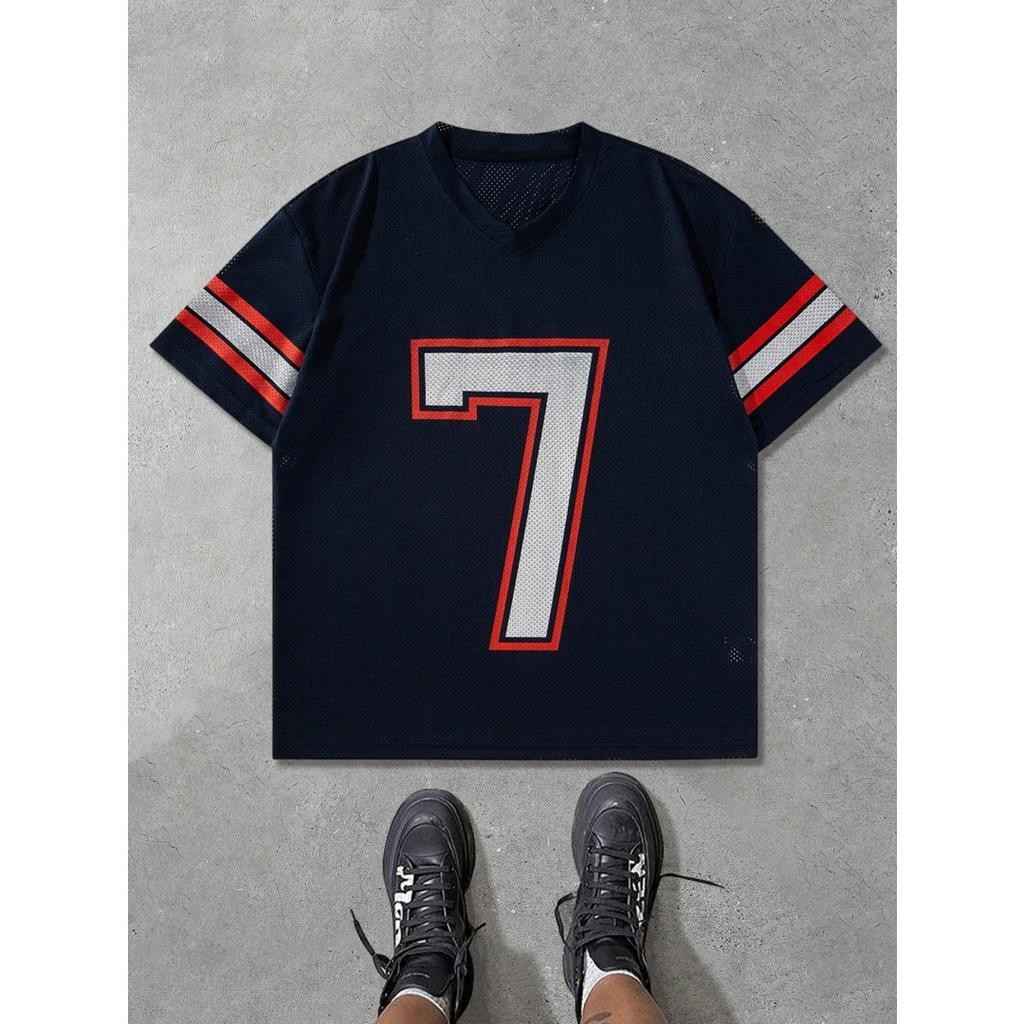 Summer T Shirt Mesh Jersey Style Number 7 Print T Shirt Short Sleeve V Neck Sporty Casual Streetwear Tops
