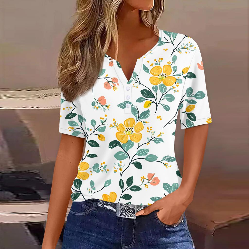 Women's T Shirt Print Button Short Sleeve Daily Weekend Fashion Basic V-Neck Regular Top