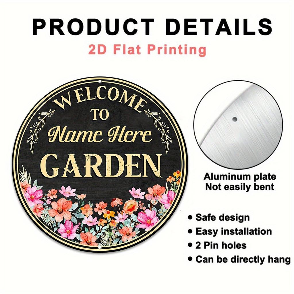 Customizable Name Text Flower Garden Round Aluminum Sign 8x8 Inch Rustic Outdoor Plaque