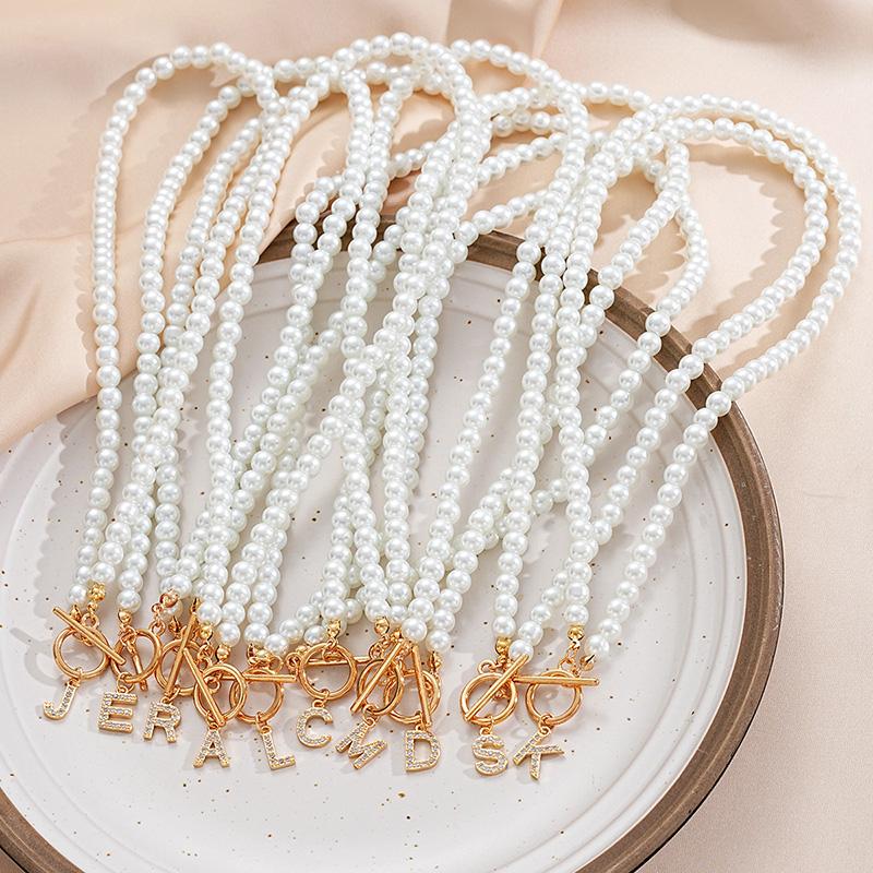 Rhinestone Letter Imitation Pearl Choker Necklace For Women Gold Plated Crystal Initial Pendant Necklace