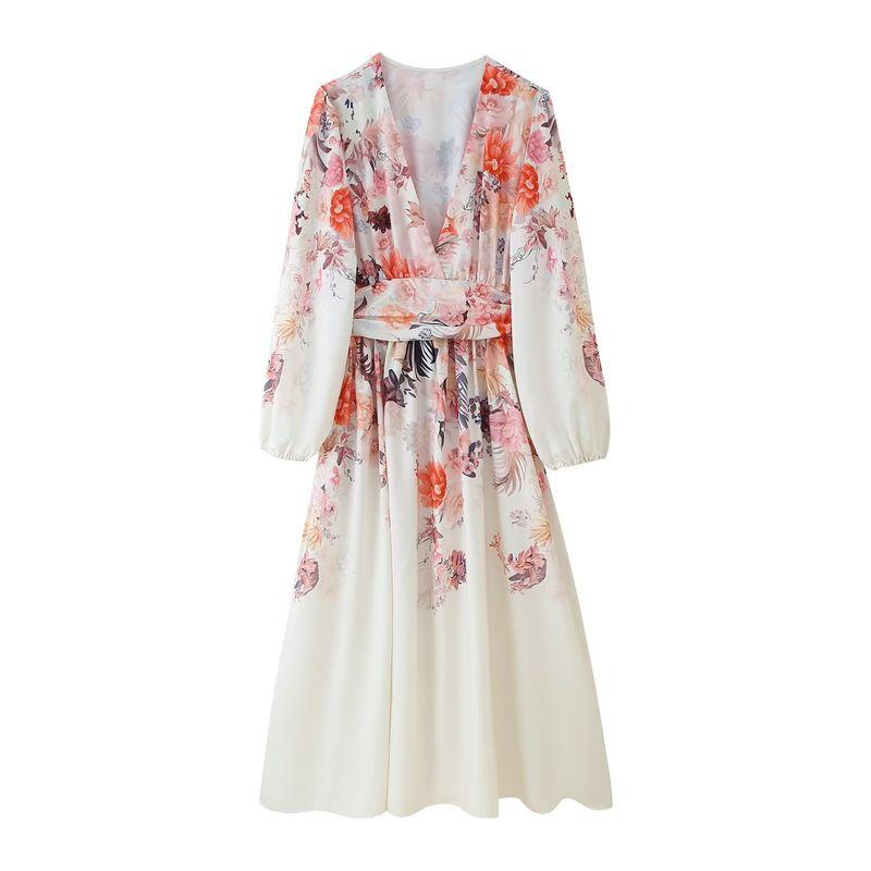 

Kaslead New Women clothes Western Style Simple V-neck Print Long sleeve Belt Dress Color L