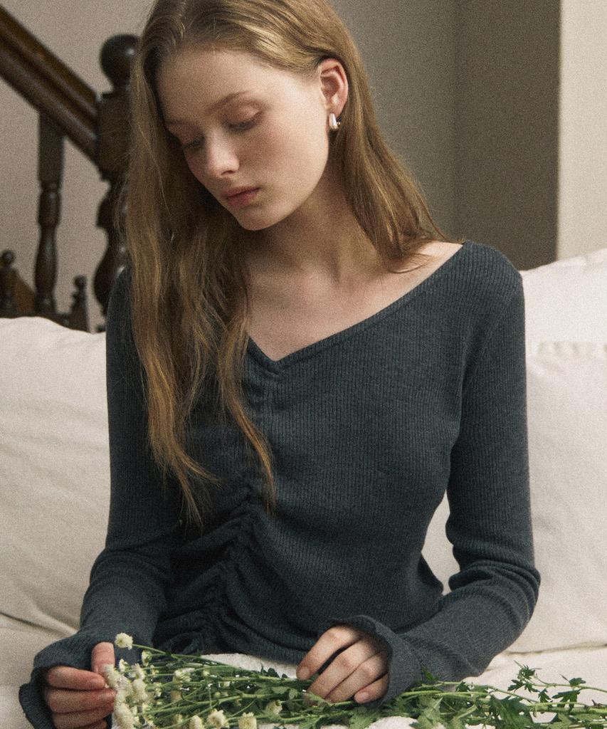 NONLOCAL Shirred Line String Knit Top - Charcoal