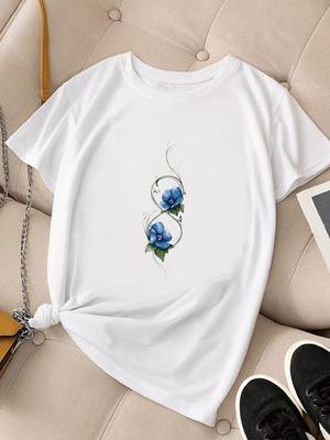 (Asian Size) Women Fashion Tee Top Clothing T Shirt Woman Print Flower Trend Cute Female Short Sleeve Graphic T-shirts