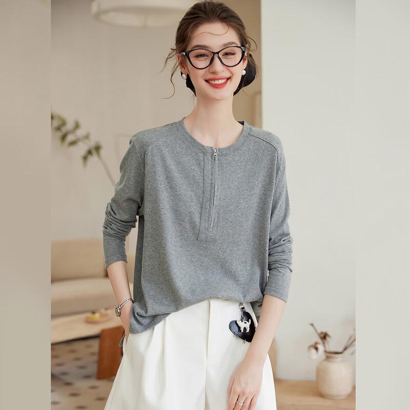 Bailuyu Women's Round Neck Half-Placket Long Sleeve T-Shirt