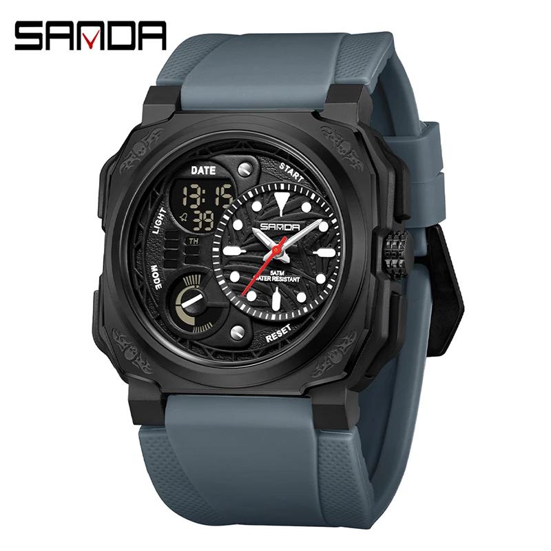 SANDA Neue quadratische Sport Herrenuhr Outdoor LED Elektronischer Stoppuhr Wecker Dual Display Multifunktions Herren Quarzuhr