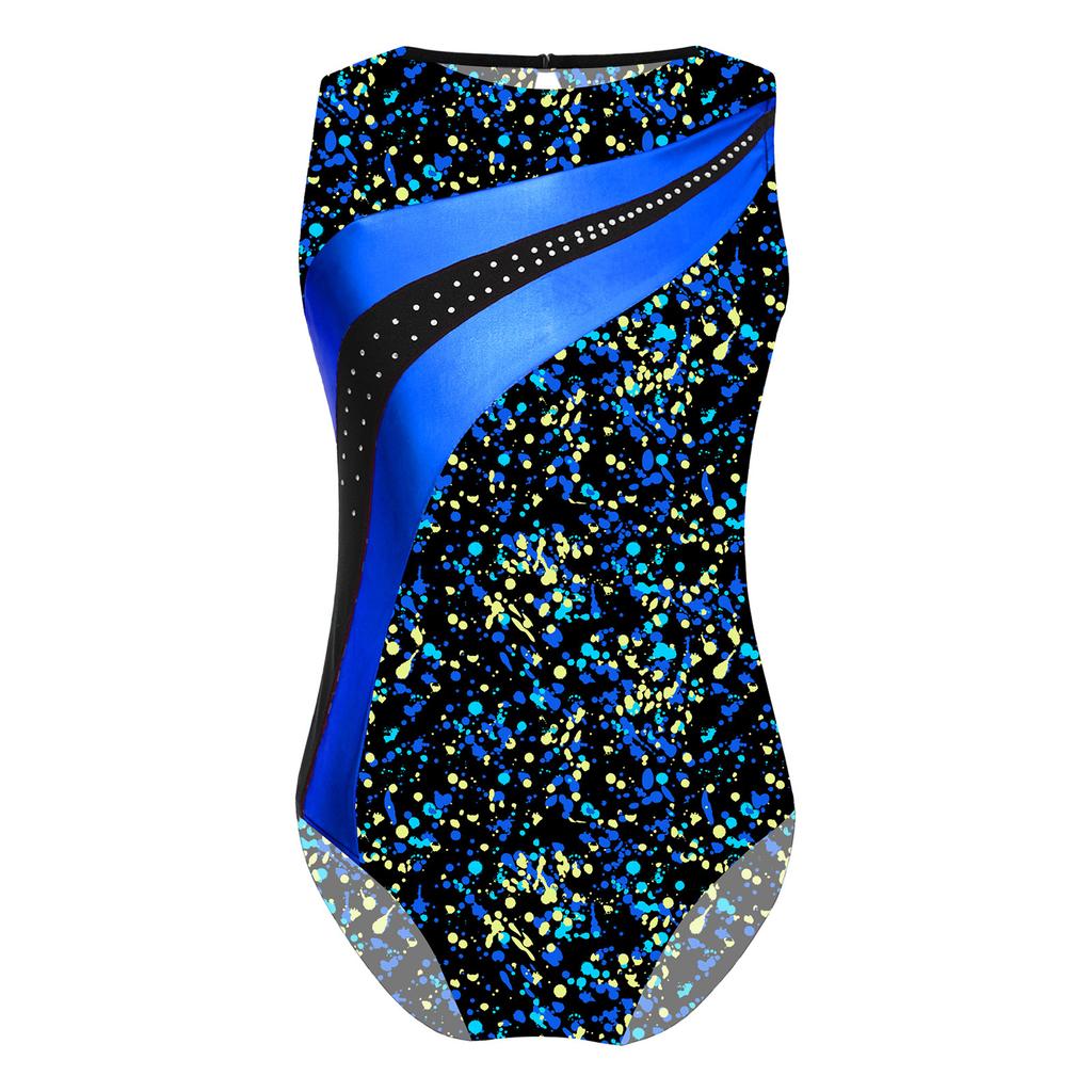 Kids Girls Sport Dance Leotard Sleeveless Keyhole Back Print Patchwork Athletic Bodysuit Teens Yoga Skating Gymnastics Jumpsuit