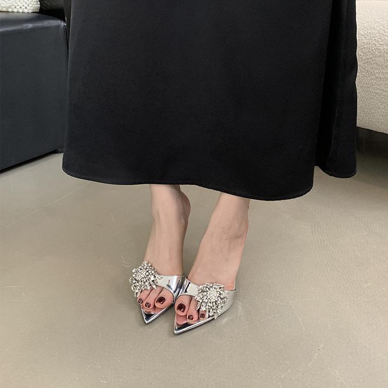 2025 Spring and Autumn New Fashion Versatile Pointed Rhinestone One-word Strap Sandals Women's Fashion Thin Heel Open-toed High Heel