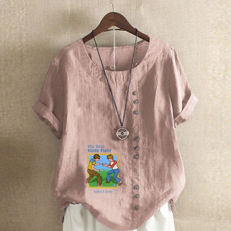 Women's Fashion Playing Children Print Short Sleeve T-shirt Loose Cotton Shirt Casual Loose Summer Blouse Tops Plus Size