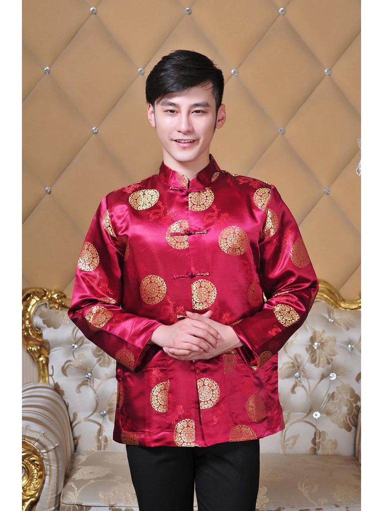Men's Chinese Style Tang Suit: Long-Sleeved Festive Coat for Spring and Autumn - Ideal for Middle-Aged and Elderly Performances or Photos.