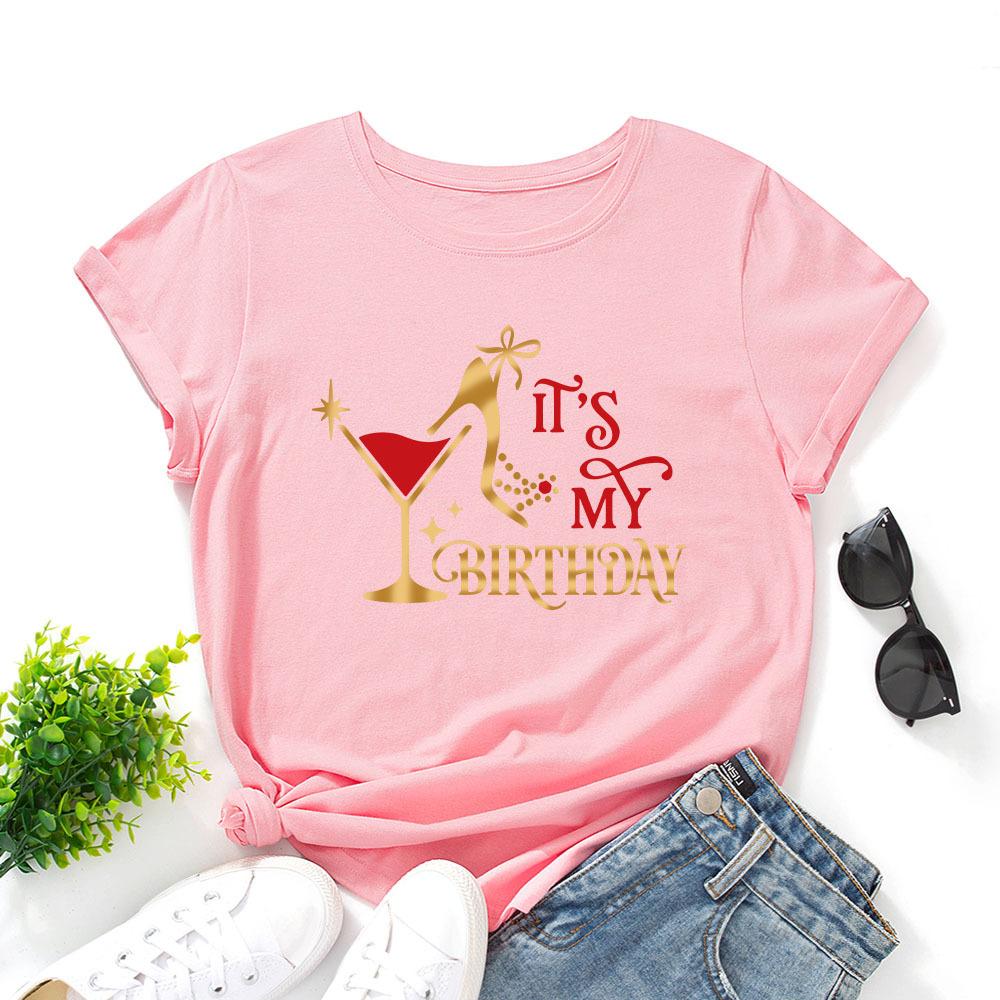 Wine Glass Pattern Casual and Comfortable Pure Cotton Printed Women's Round Neck Short Sleeved T-shirt