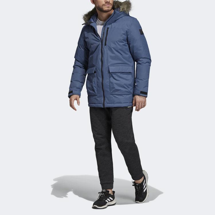 Adidas Xploric Parka Comfortable Stylish Sports Hooded Fur Lined Cotton Jacket Winter Men Outerwear Blue DZ1430