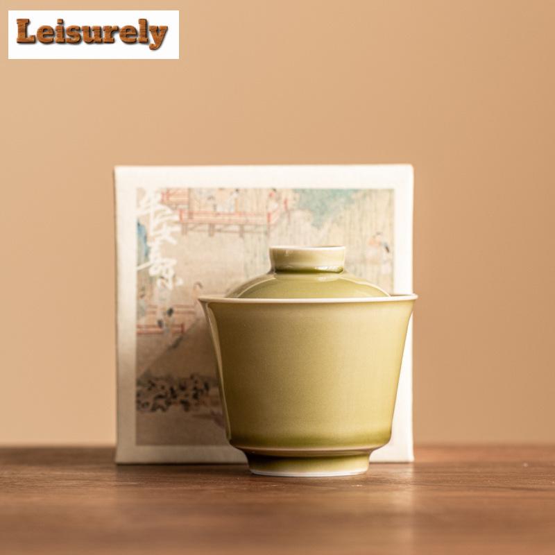 100ml Αισθητικό Κεραμικό Φούρνος Yaozhou Celadon Gaiwan Ρετρό Χρώμα Πράσινο Τσαγιού Ercai Τσαγιέρα με Κάλυμμα Μπολ Ποτό Διακοσμητικά Δώρα