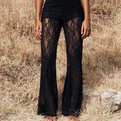 Women's High Waist Sheer Lace Flare Pants Sexy See-Through Casual Trousers