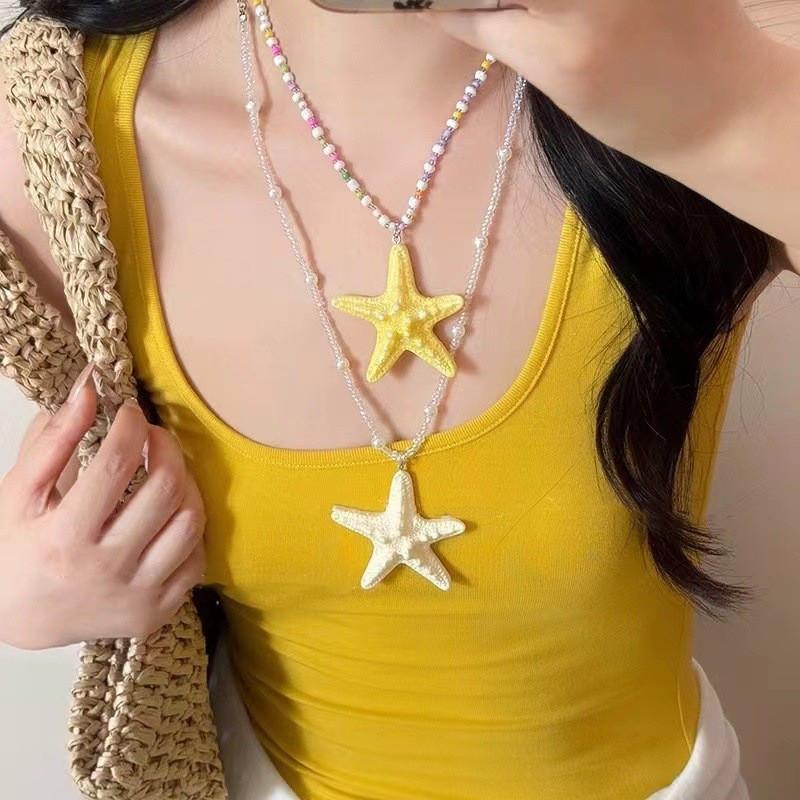 Sea Star Long Beaded Necklace With Alloy Pendant For Summer Beachwear Jewelry