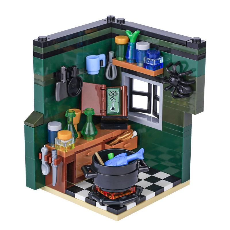 MOC Steine Mittelalter Alchemie Raum Küche Zauberer Trank Bausteine Teufelsquelle Schloss Straßenlaterne Hexen Figuren Szene Schädel