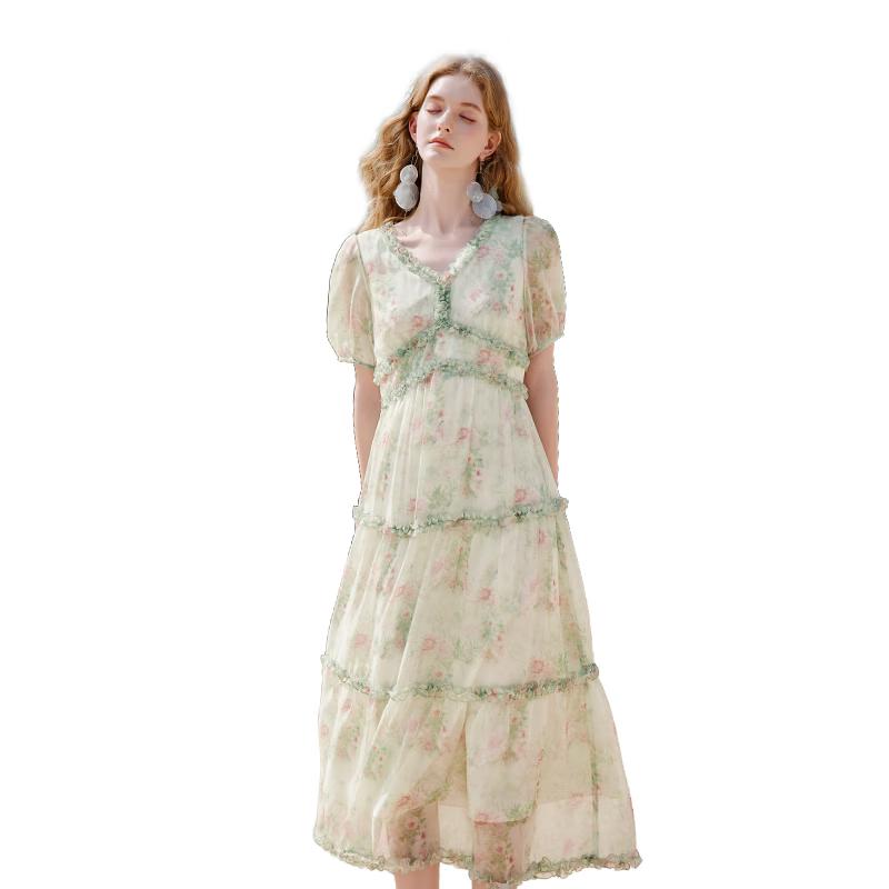 French Floral Ruffled V-neck Midi Dress S