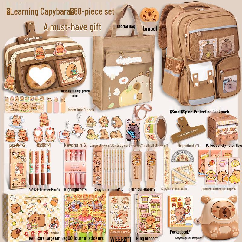 Capybara Backpack Stationery Set: Ergonomic Schoolbag Gift for Boys & Girls.