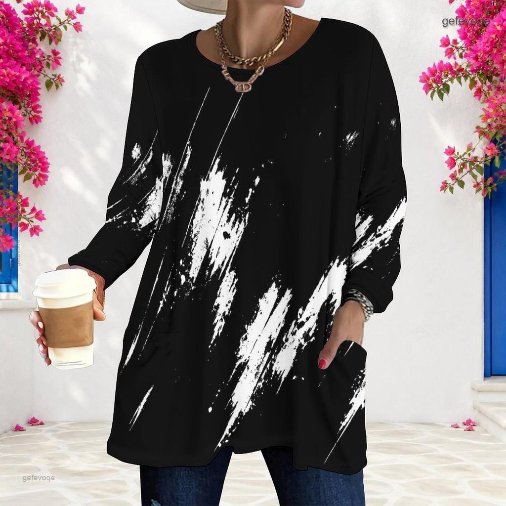 Women Plus Size Round Neck Long Sleeve Printed Loose Fit Longline T Shirt With Pockets