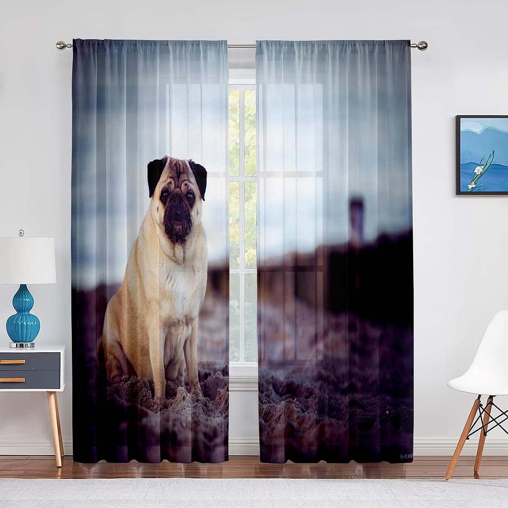 Niedlicher Bulldogge Transparenter Voile Vorhang Lustiger Mops Welpe Tier Gelbe Tüllvorhänge für Wohnzimmer Schlafzimmer Küchendekorationen