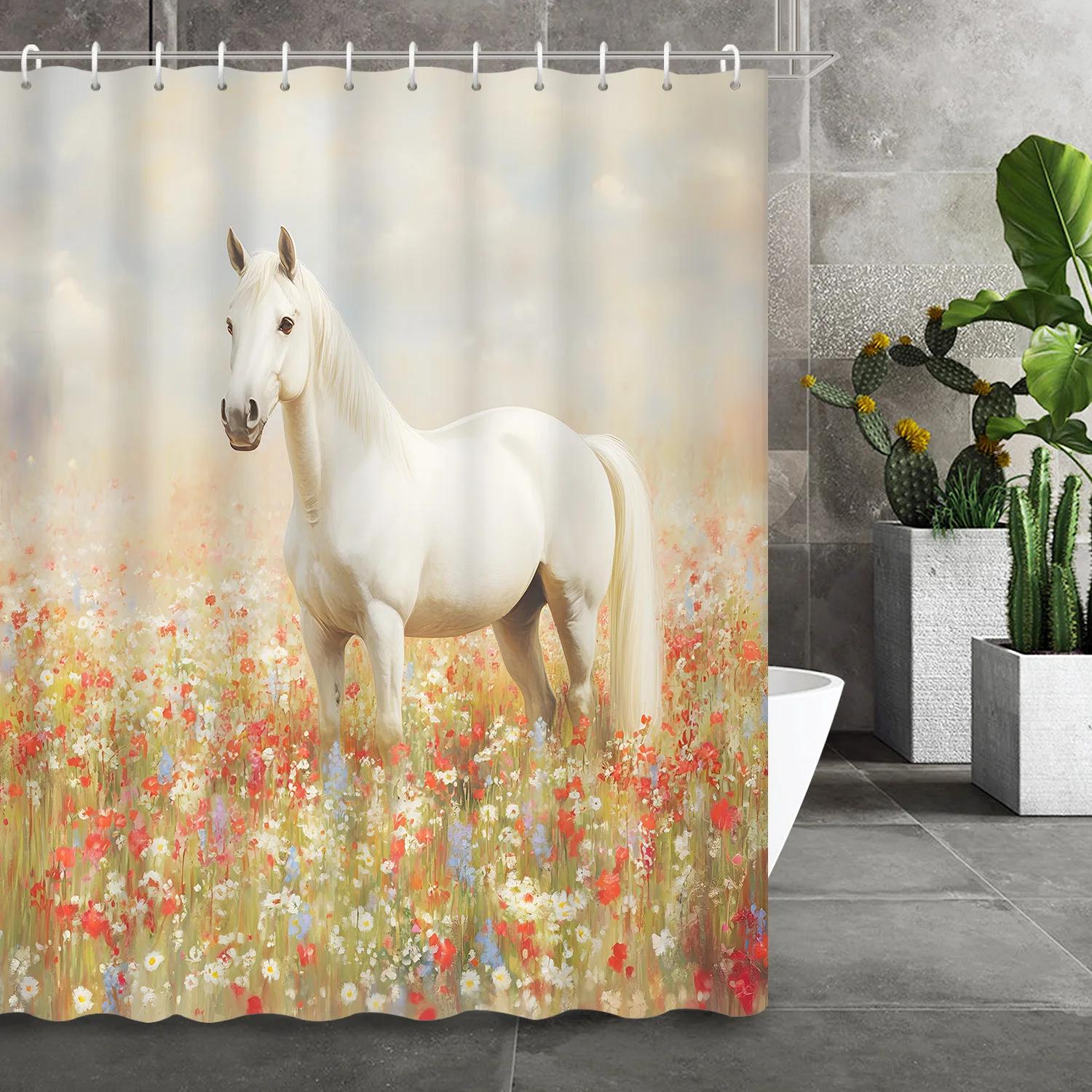 

Retro Oil Painting Colorful White Horse & Floral Shower Curtain With 12 Hooks – Pastoral Style Home & Bathroom Decor W60H190(CM)-1 Pcs